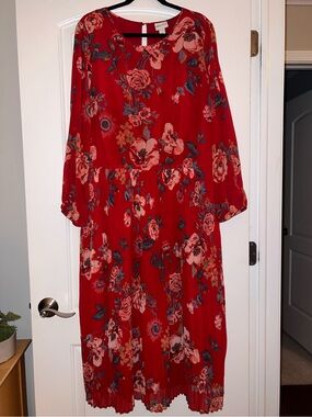 Ava & Viv Red Floral Long Sleeve Midi Dress